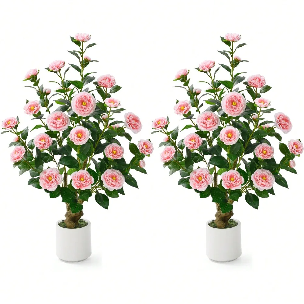 

2 Pack 38" Artificial Camellia Tree,Artificial Plants Outdoor Faux Plants In Pot, Artificial Flower,Fake Tree Plant Faux Flowers