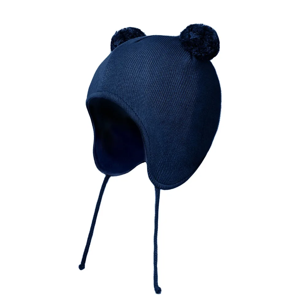 

Милая теплая зимняя шапка для малышей с флисовой подкладкой, с помпоном, с ушками, однотонная, мягкая, для мальчиков и девочек