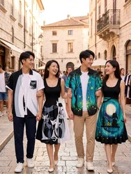 Matchable Couples Casual Outfits Summer Clothes, Colorblock Printed Men Shirt Or Women Vintage Sleeveless Dress