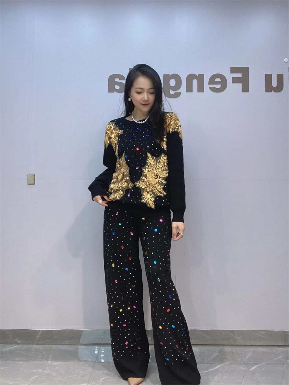 Colorful Diamond Embroidered Knitshirt Sweater Wide Leg Pants Sets Women 2 Pieces Y2k Clothes Pullover O Neck Oversized Outfits