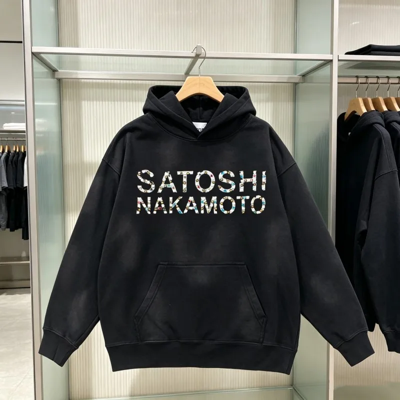 2XL SATOSHI Hoodie Vintage Distressed Washed Black Classic Letter Print Rainbow Nail Bead Hood Sweatshirts Men Women Streetwear