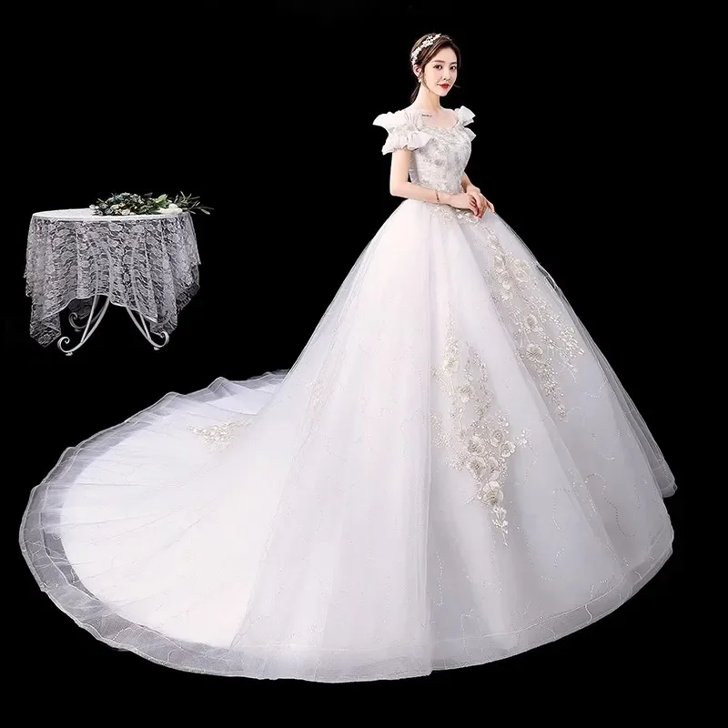 Cheap Wedding Dress Bling White Ruffles Appliques Off the Shoulder Lace up Floor Length Trailing Sequins Birde Ball Gowns XN140