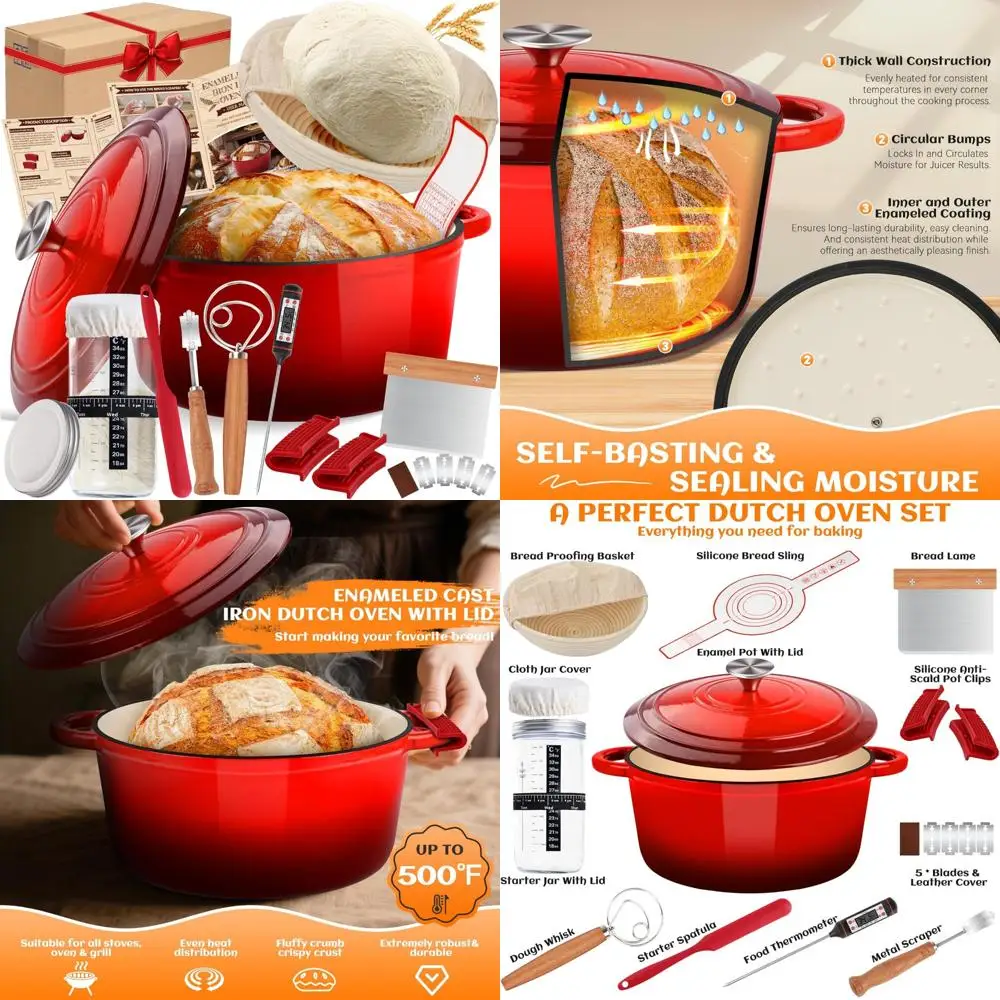 

Enameled Cast Iron Dutch Oven Pot with Lid, Includes Sourdough Bread Baking Kit and Starter for Banneton Basket Proofing
