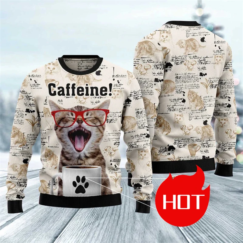 

Уродливый рождественский свитер для мужчин с 3D принтом, Рождественский узор с животными и кошкой, красочные толстовки унисекс в стиле ретро, забавные Harajuku, повседневные с длинными рукавами