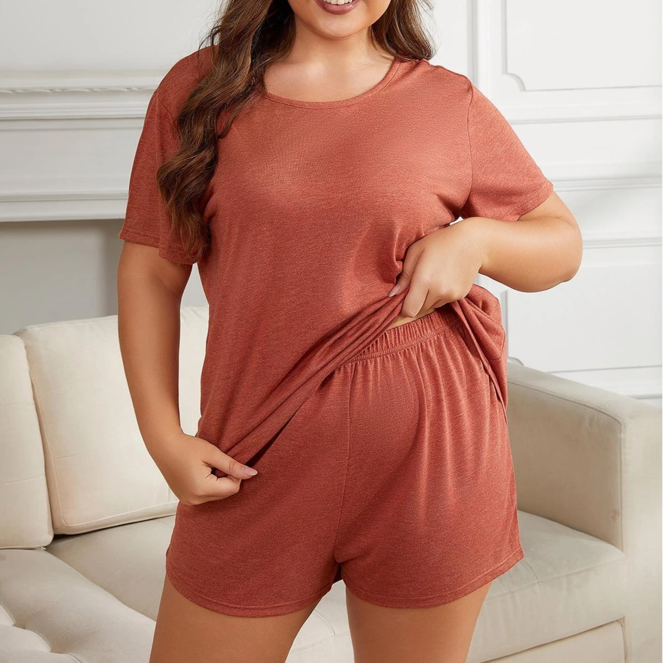 

Summer Pajamas for Women Solid Color Loose Sleepwear Casual Big Size Pajamas 5XL Short-sleeved Tops Shorts Two-piece Loungewear