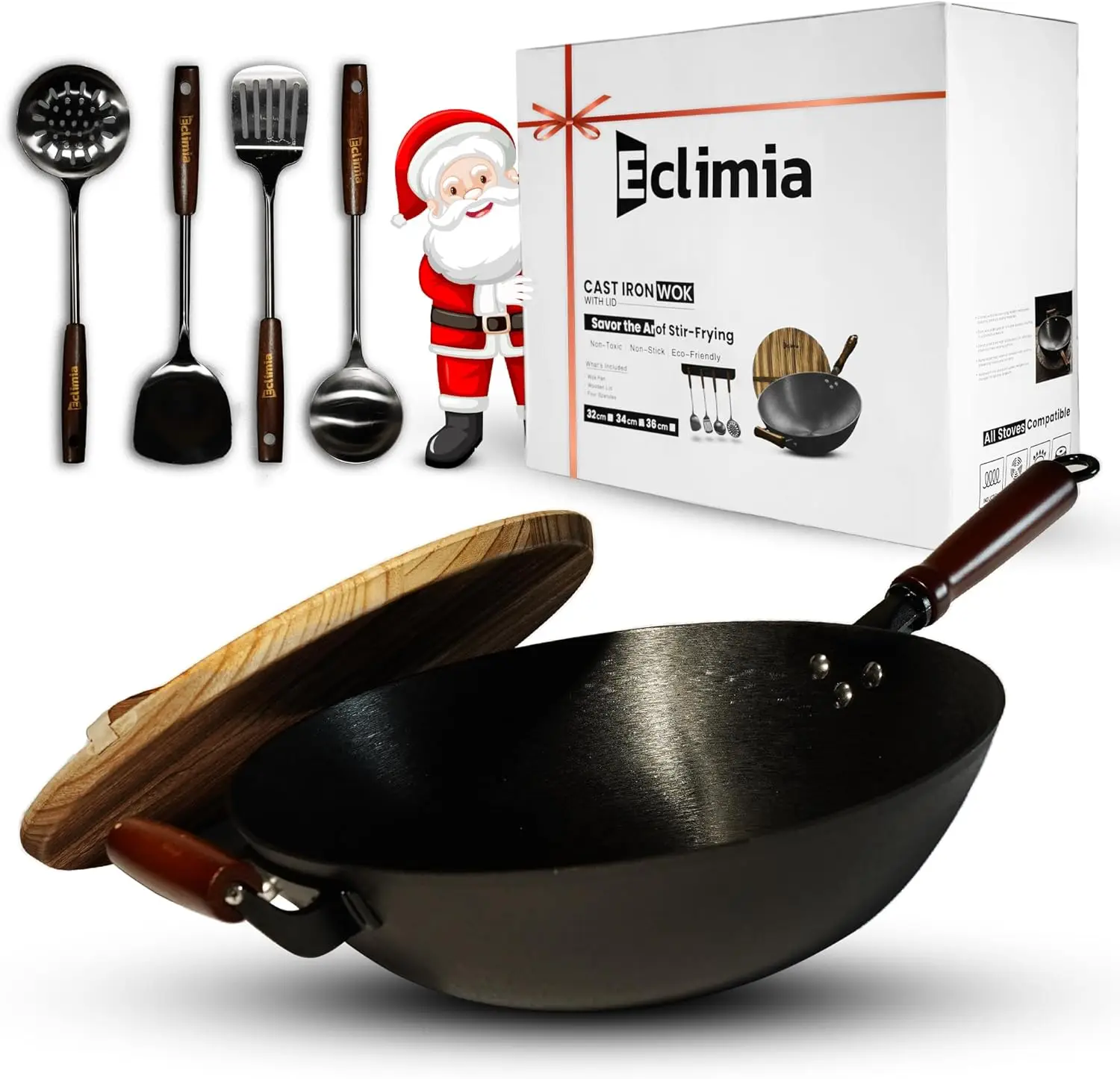 

Предварительно приправленная чугунная сковорода для жарки с антипригарным покрытием | Двойные ручки и 4 лопаточки | Вок с плоским дном, деревянной крышкой и деревянной ручкой | Tradi