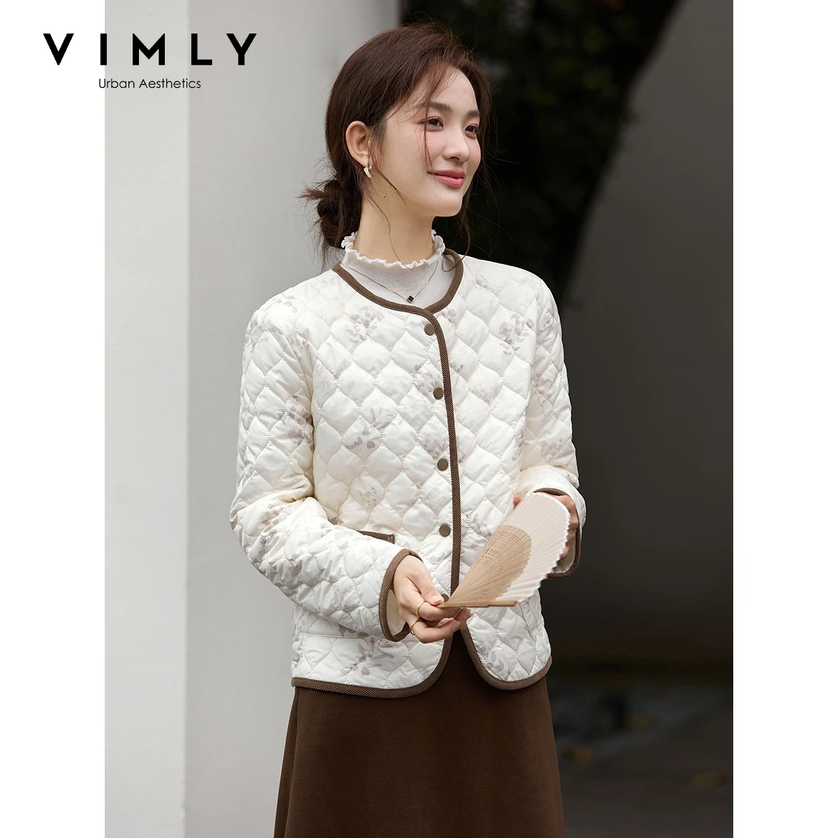 VIMLY Printed Fleece Lined Parkas Women 2026 Winter New Color Contrast Splicing Cotton Coat Fashion Elegant Jackets Ladies A3786