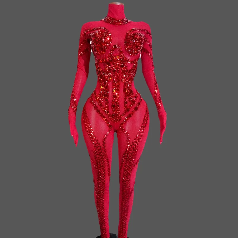

Sexy Red Sparkle Full Crystal Mesh Jumpsuit Woman Luxury Sequin DjDS Singer Club Party Birthday Leotard Drag Queen Dance Outfits
