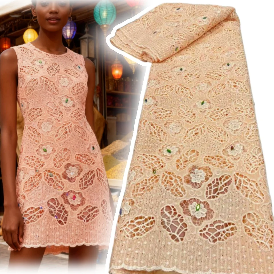 

Yellow Nigerian Milk Silk Sequined Lace Fabric 2025 High-Quality African Water-Soluble Lace Fabric Ideal for Evening Gowns 1915
