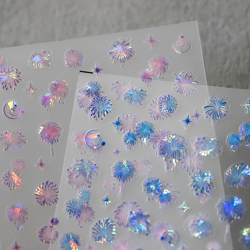 Lllusion Colorful Sparkling Fireworks Romantic 3D Self Adhesive Nail Art Decorations Stickers Laser Gold Pink Manicure Decals