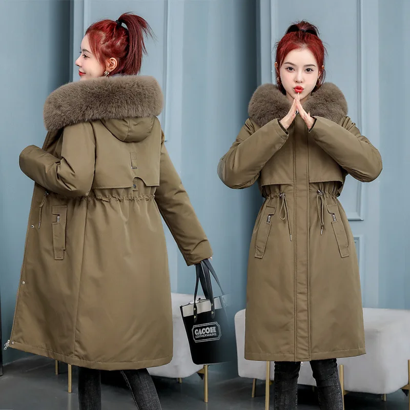 Women Hooded Parkas Coats Solid Jackets Zipper Detachable Pocket Drawstring Long Sleeves Longline Thick Slim Casual 2025 Winter