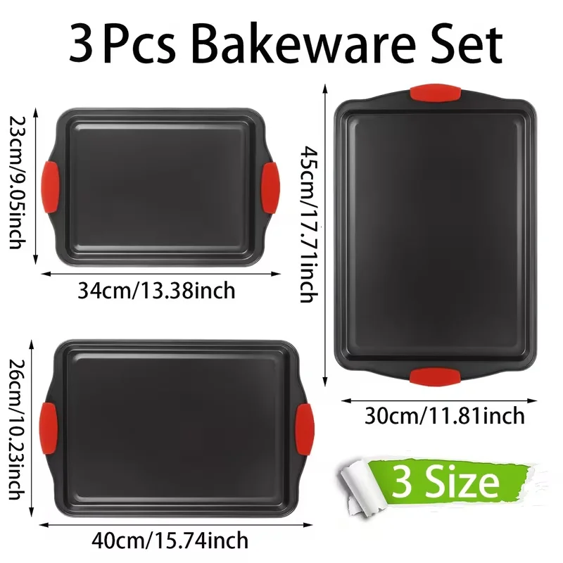 New Non Stick Pan baking Tray with Red Silicone Handle, Kitchen baking Board, Cake Mold, Oven biscuit baking, Easy to Clean view 2