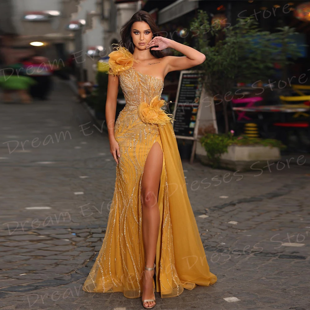 Graceful Yellow Mermaid Charming Women's Evening Dresses One Shoulder Sleeveless Prom Gowns High Split Beaded Vestido De Noche