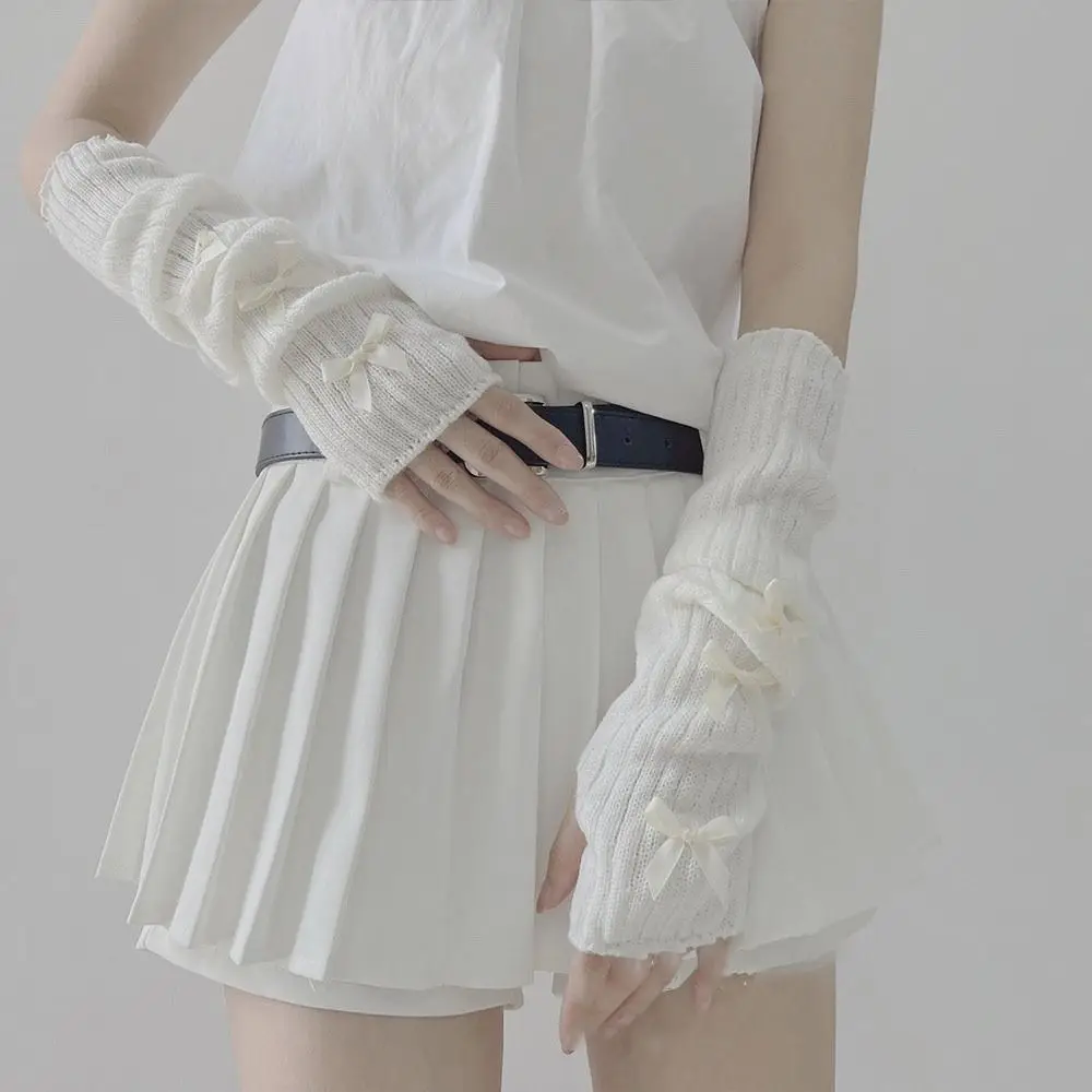PUNK Lolita Bowknot แขนอุ่นญี่ปุ่น Harajuke Gothic แขน Y2K หวานถักแขนยาว Fingerless Mittens สําหรับผู้หญิง