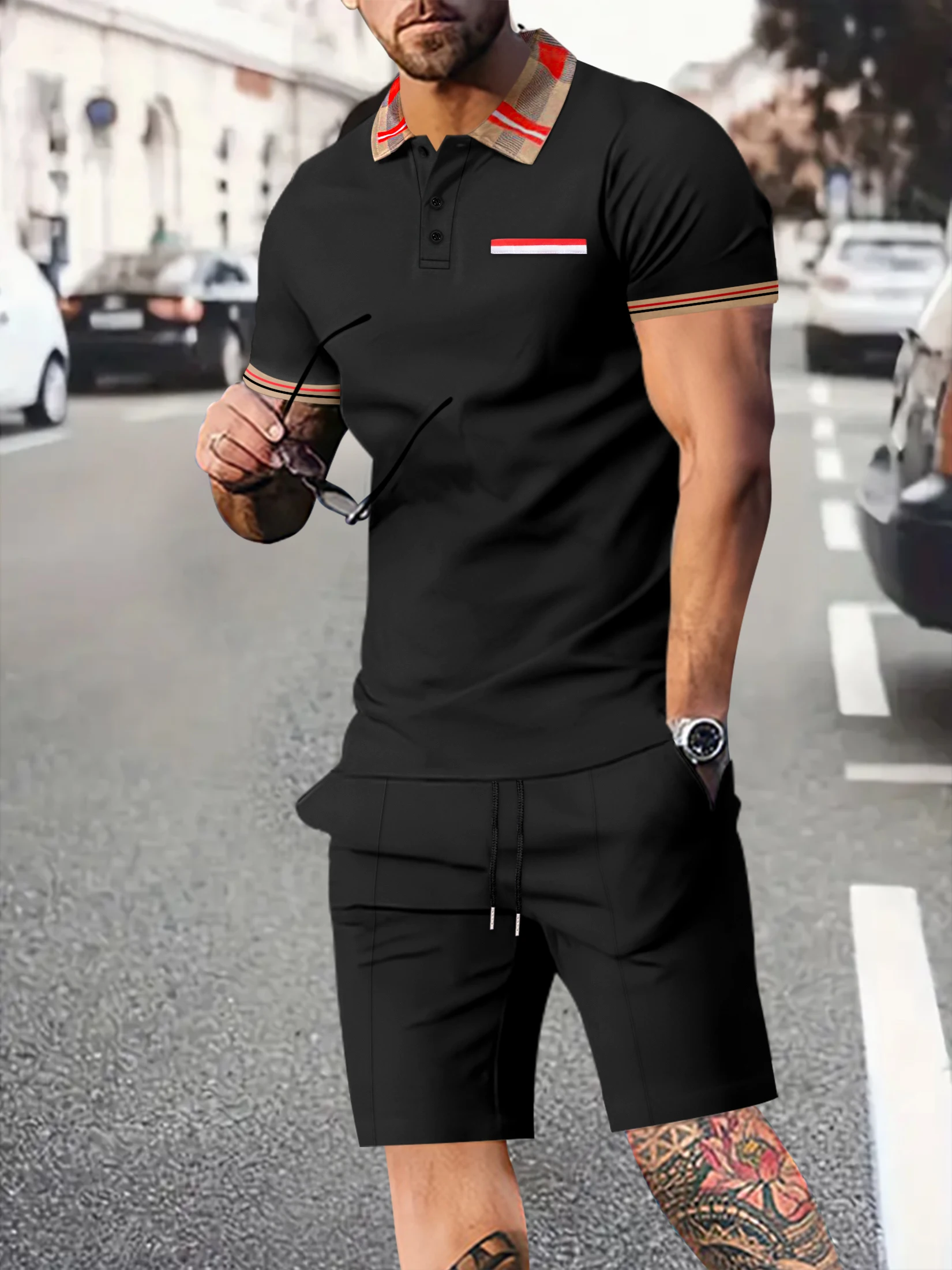 Summer Men's Short Sleeve Suit Fashion Solid Color Casual Shorts Sportswear Short Sleeve Two-piece Sets Men's Suit