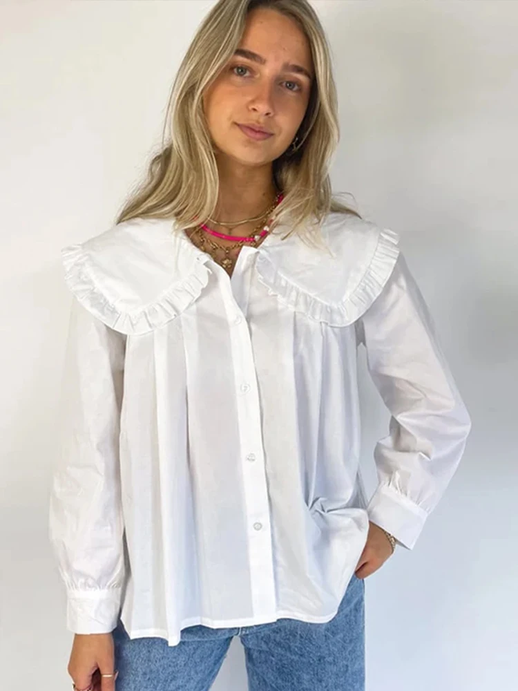 Casual Solid Women Blouse Peter Pan Collar Long Sleeve Single Breasted Ruffles Female Shirts 2024 Spring Summer New Lady Shirts