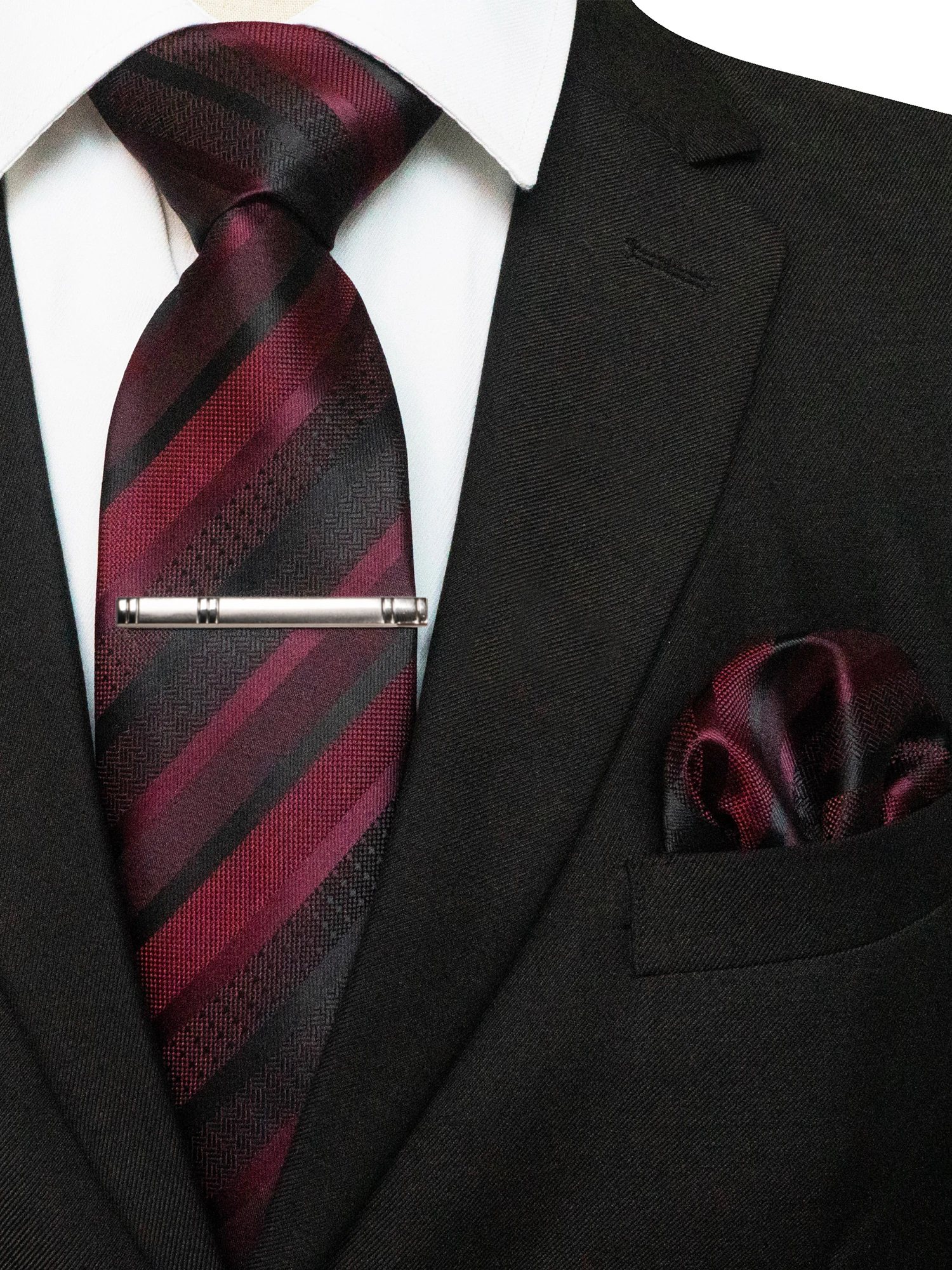 KAMBERFT Klassische Herrenkrawatte mit Krawattenklammer und Einstecktuch, 3-teiliges Set für Büro, Hochzeit, Party – Detail 5
