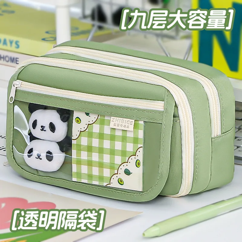 Simple Solid Color Pencil Case Clear Visible Front Pocket Durable Fabric pencil bag Teen Girls Multi‑layer Pen Storage Pouch