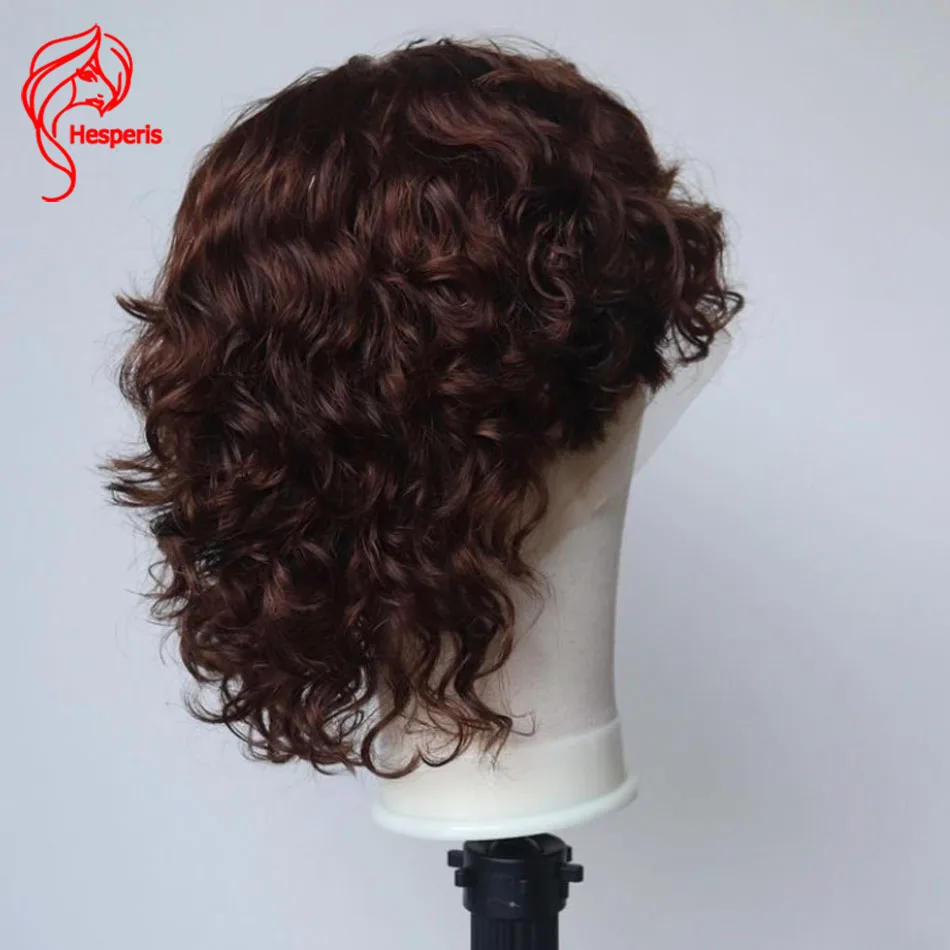 Hesperis Brown Curly Mullet Wig Brazilian Remy Full Lace Human Hair Wigs Curly Pixie Cut Wig Short Men\'s Wig With Bangs