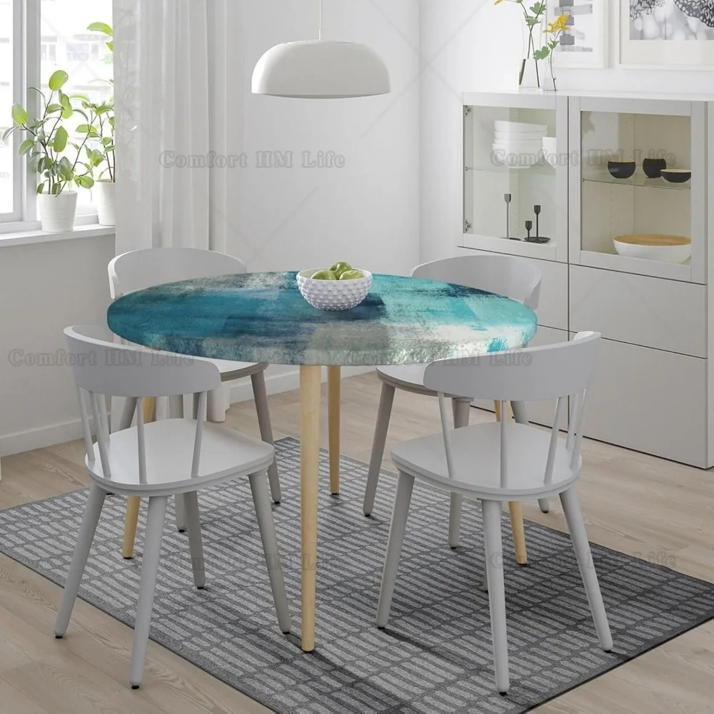 Turquoise and Grey Abstract Art Round Elastic Tablecloth Edge Fitted Table Cover Fits Table 40\