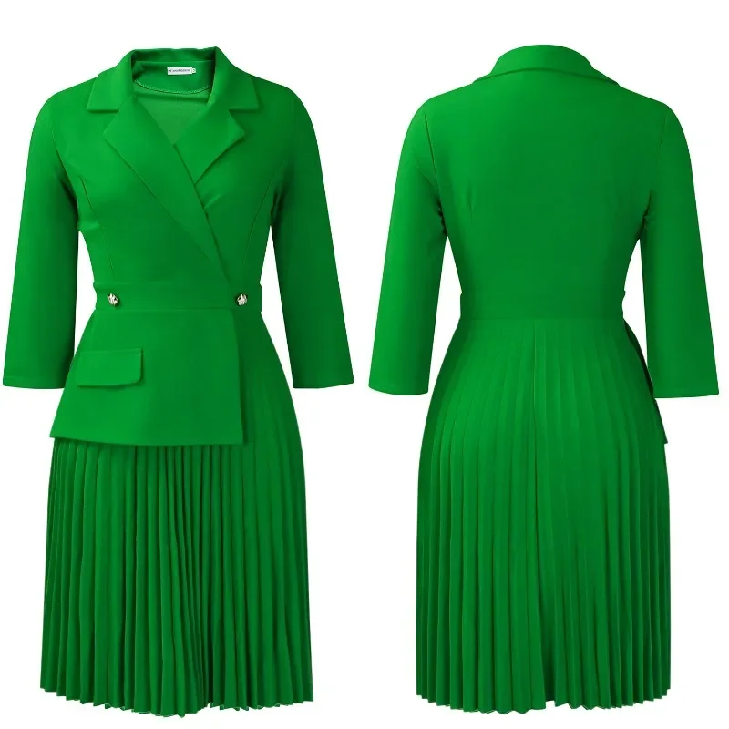 

Office Dresses for Women Fashion Patchwork Pleated 3/4 Sleeve Green Mid Dress Elegant Birthday Evening Party Vestidos