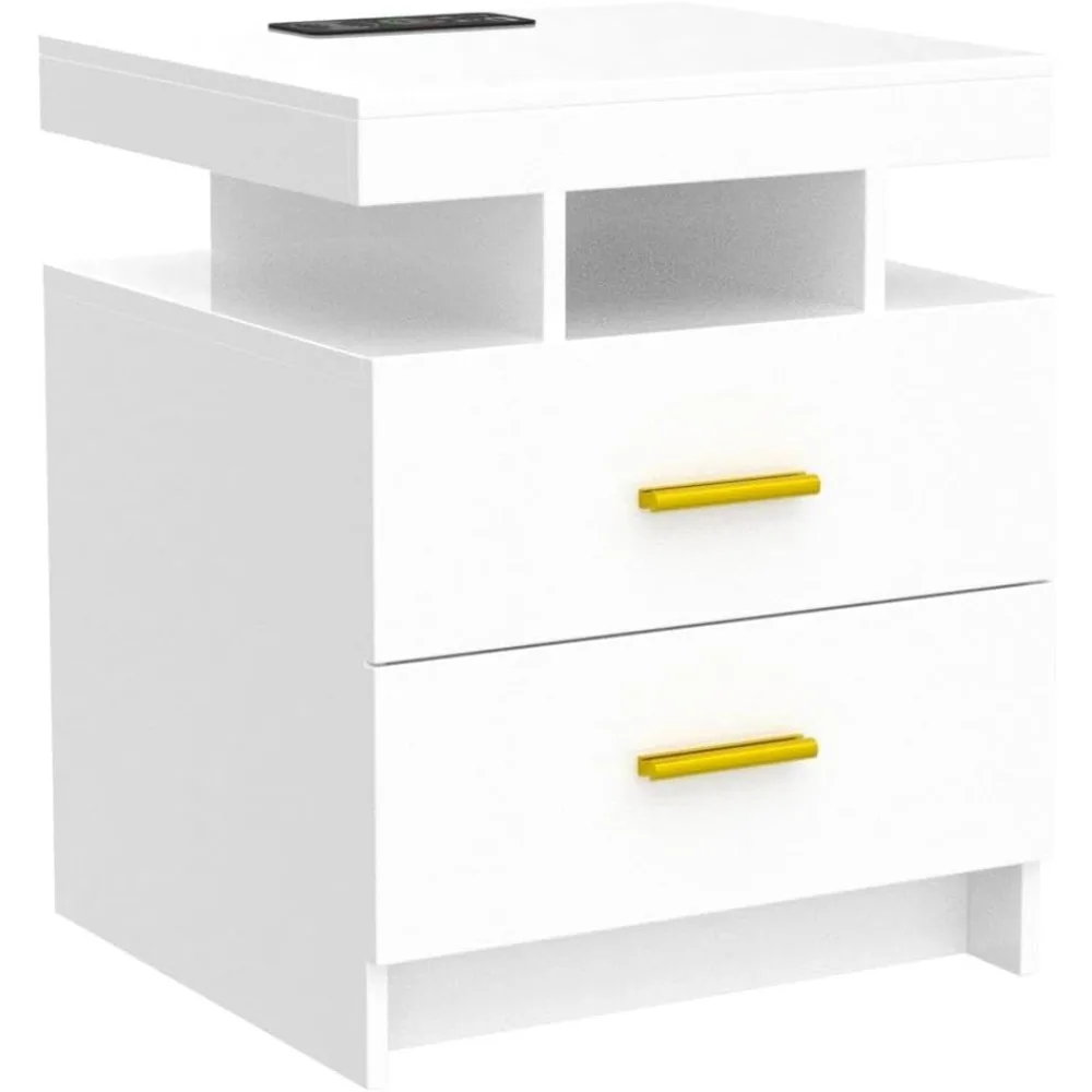 منضدة LED بيضاء حديثة مع منفذ شحن وإضاءة مفعلة بمستشعر وأدراج تخزين مزدوجة