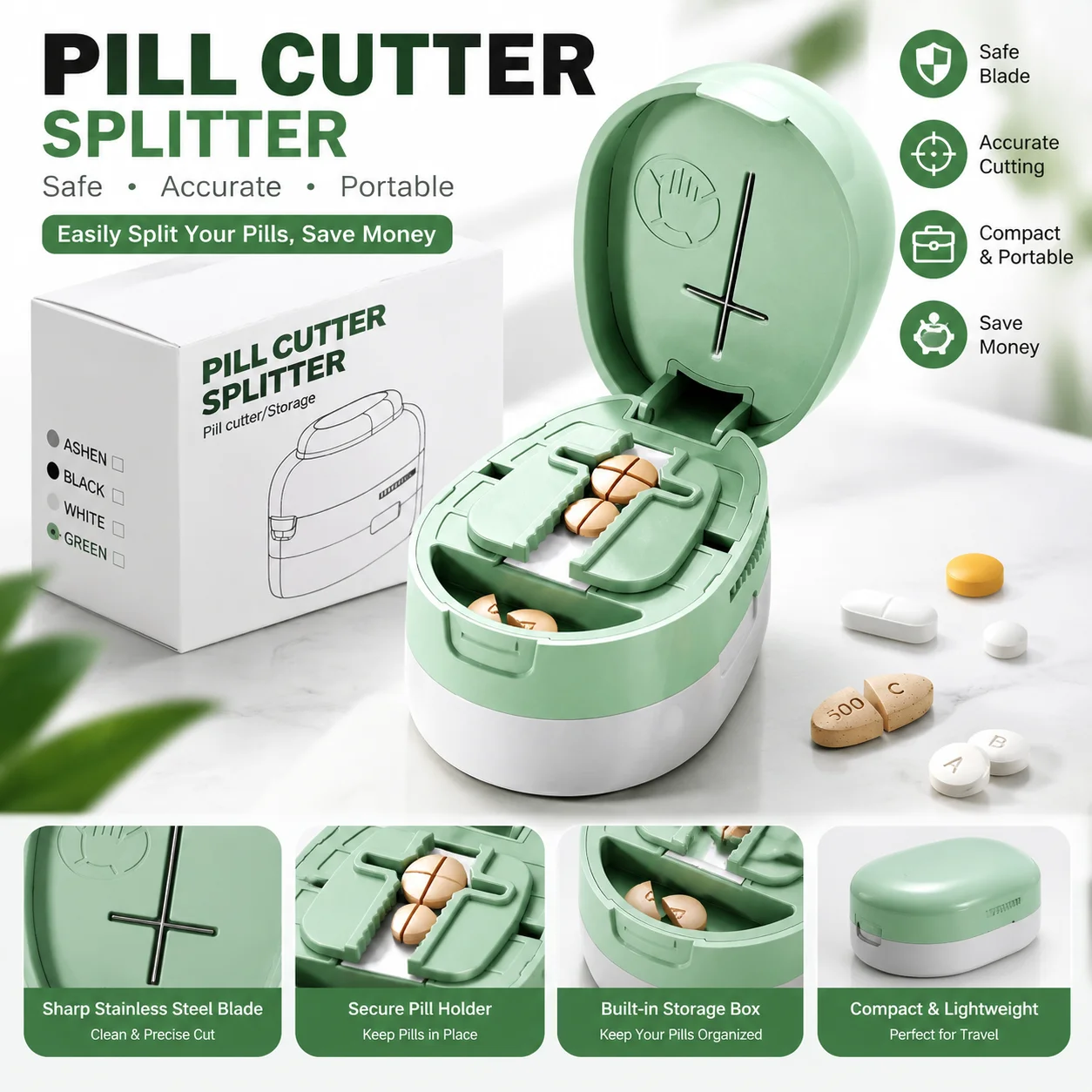 2 in 1 Pill Cutter Splitter 1/2 1/4 Tablet Cutter Portable Pill Box Medicine Dispenser Storage Case for Travel Pocket Household