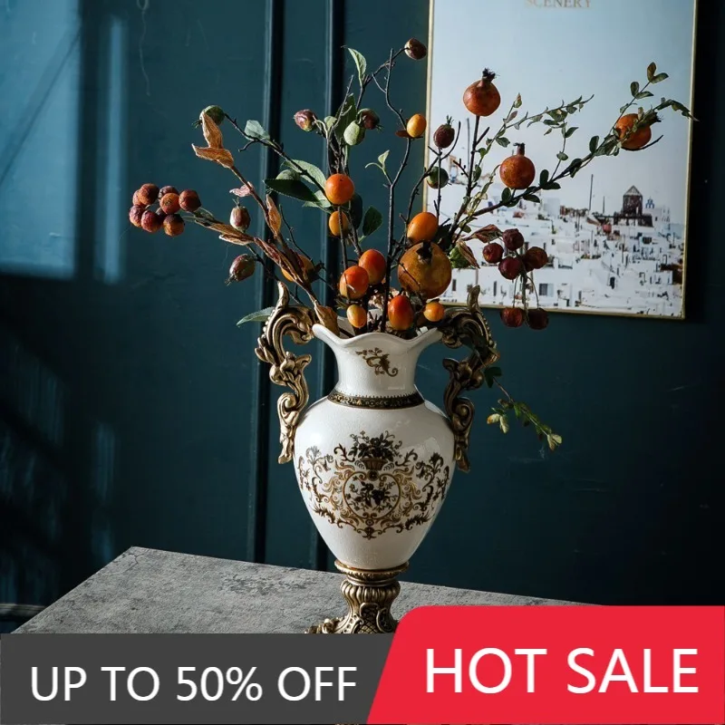 European Retro Double-ear Ceramic Trophy Vase High Grade Floor Vase Villa Living Room Desktop Flower Decorative Craft Vases