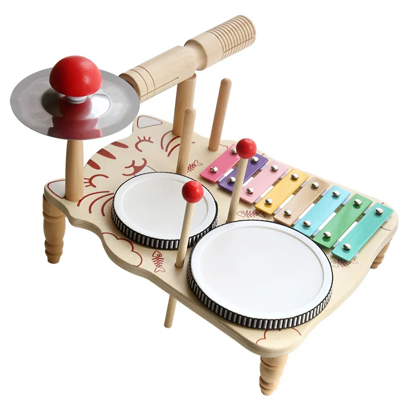 Gatinho estação de música piano versão instrumentos de percussão de madeira brinquedos conjunto tambor musical kit música de madeira bebê sensorial crianças tambor