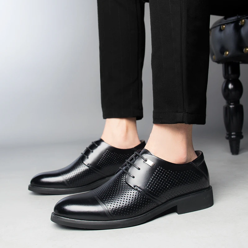 

Mens Black Genuine Leather Perforated Lace Up Formal Business Oxford Shoes Breathable Summer Office Wedding Casual Dress Shoes