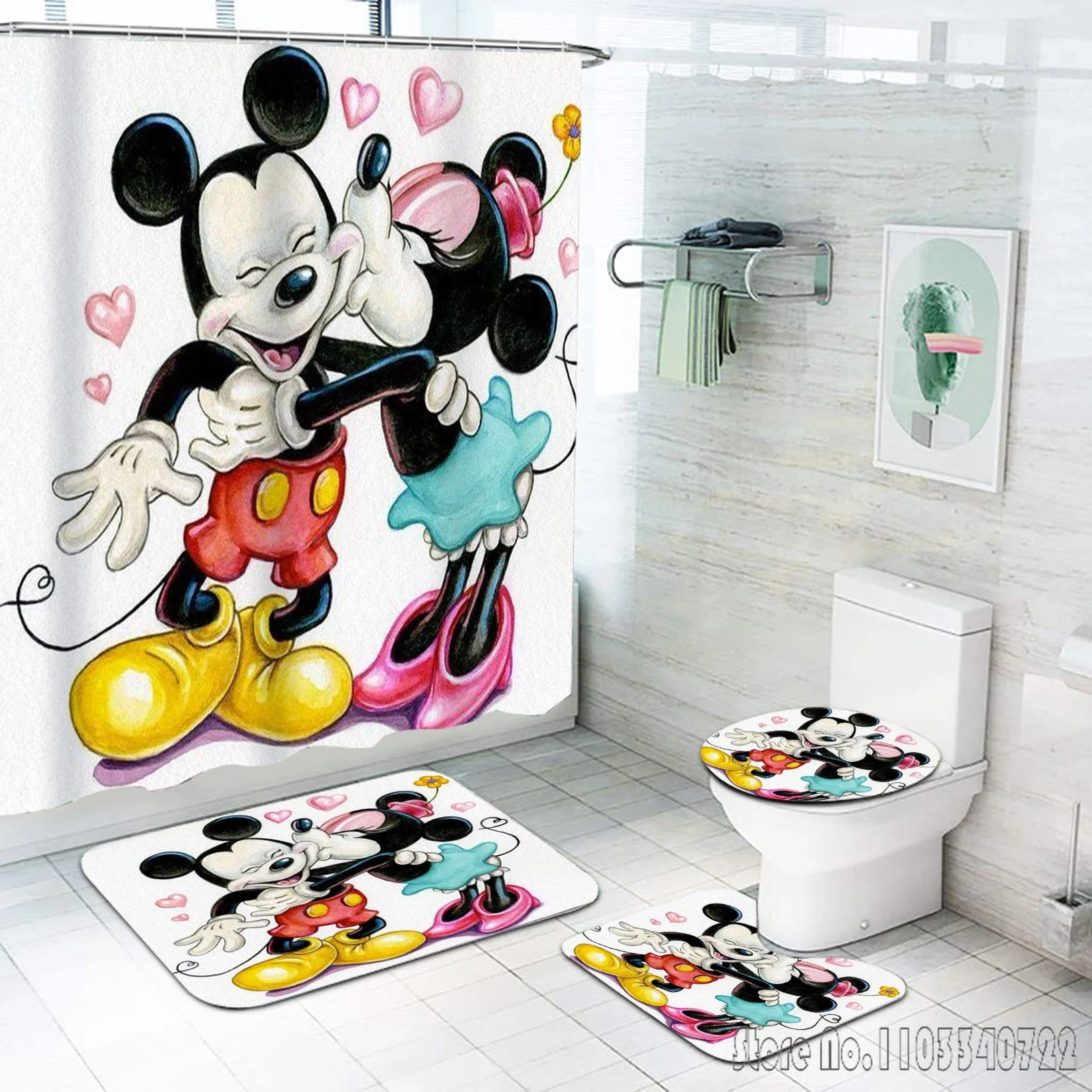 Mickey 4 Piece Bathroom Set Mats And Shower Curtain Accessories Curtains Luxury Decorations Waterproof Home Anime