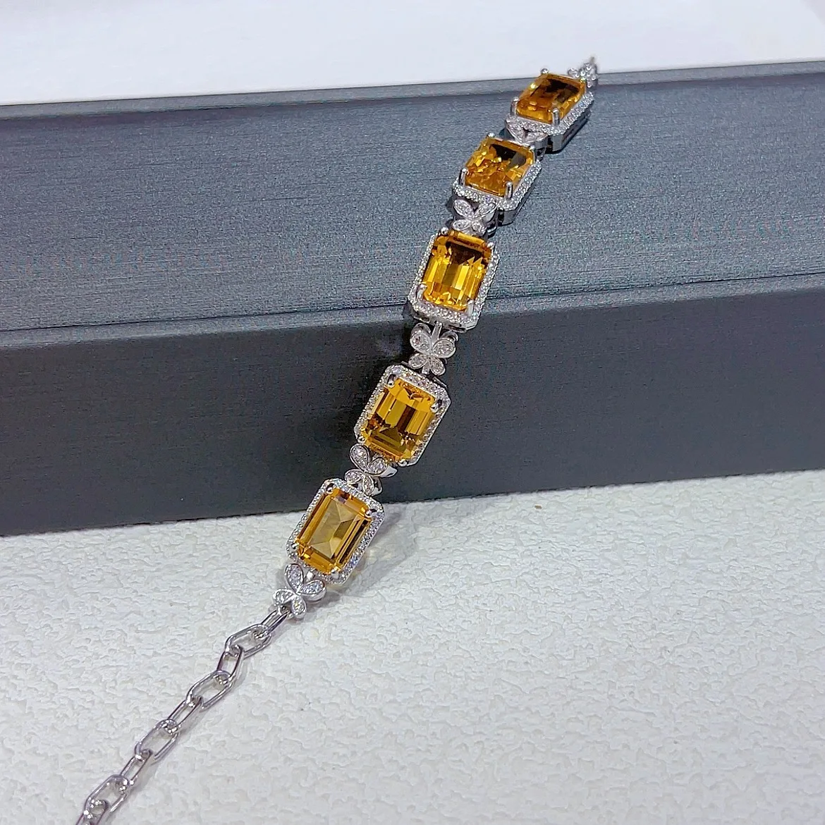 Citrine Bracelet 7x10mm, S925 Silver White Gold Plated Solar Gemstone Jewelry