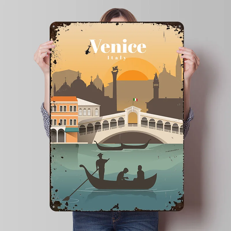 Travel to Venice Printed Poster Customized Wall Art Retro Vintage Metal Tin Signs for Home Living Room Decorations House Decor