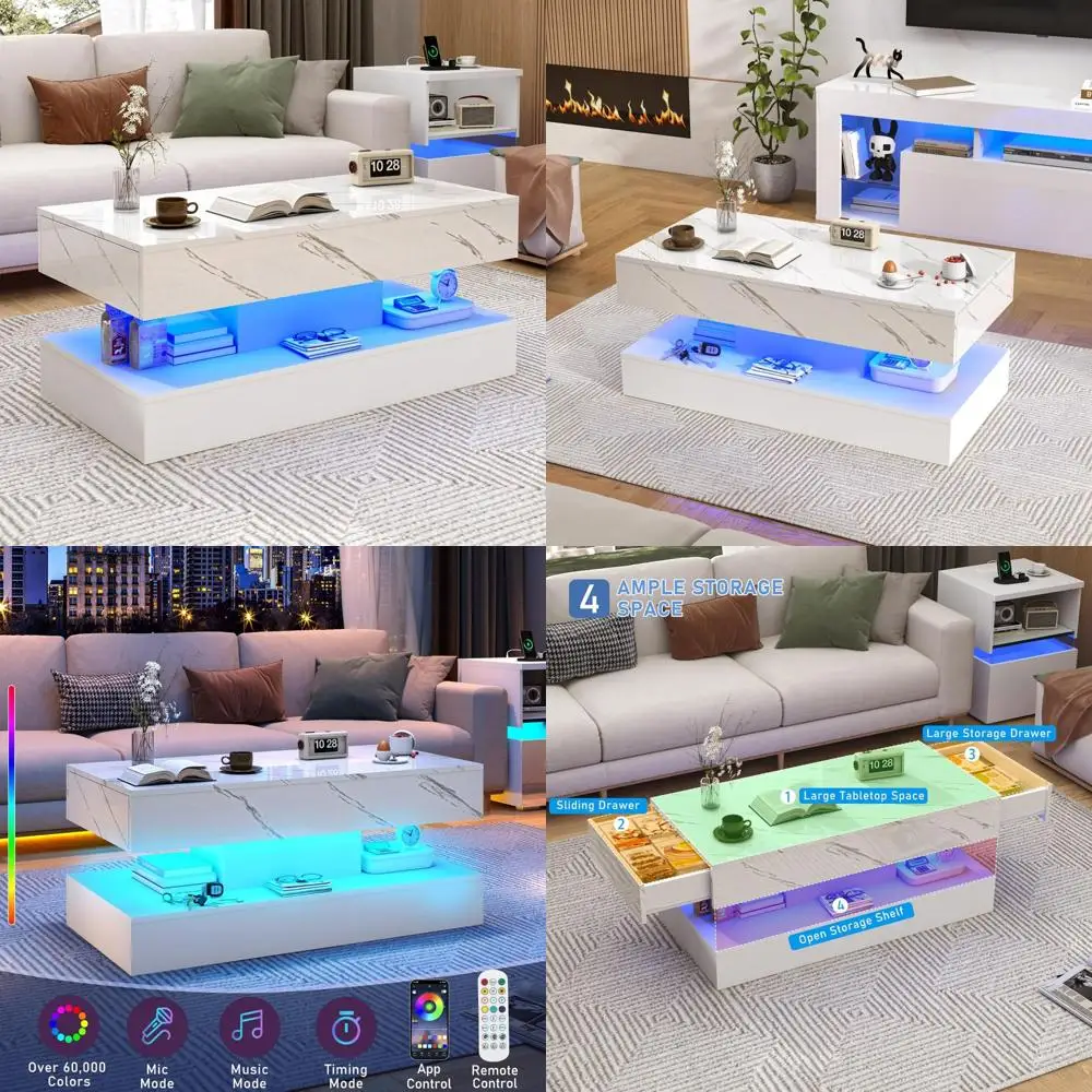

Large High-Gloss LED Coffee Table with Sliding Drawers, Modern Living Room Storage, Marble Print Design