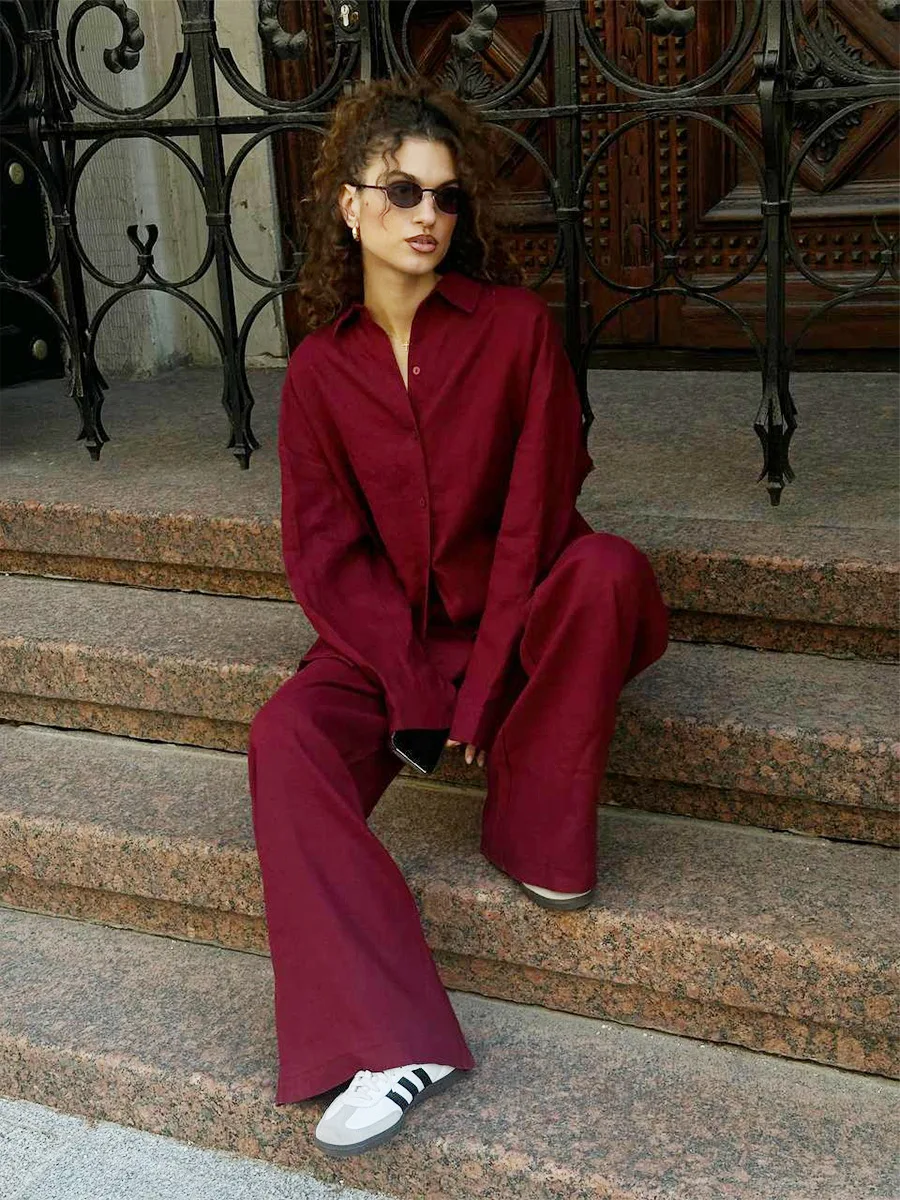 Ladies Cotton Shirt And Pants Set Spring Summer New Loose Long Sleeve Casual Suit Women's Comfortable Two-Piece Outfit