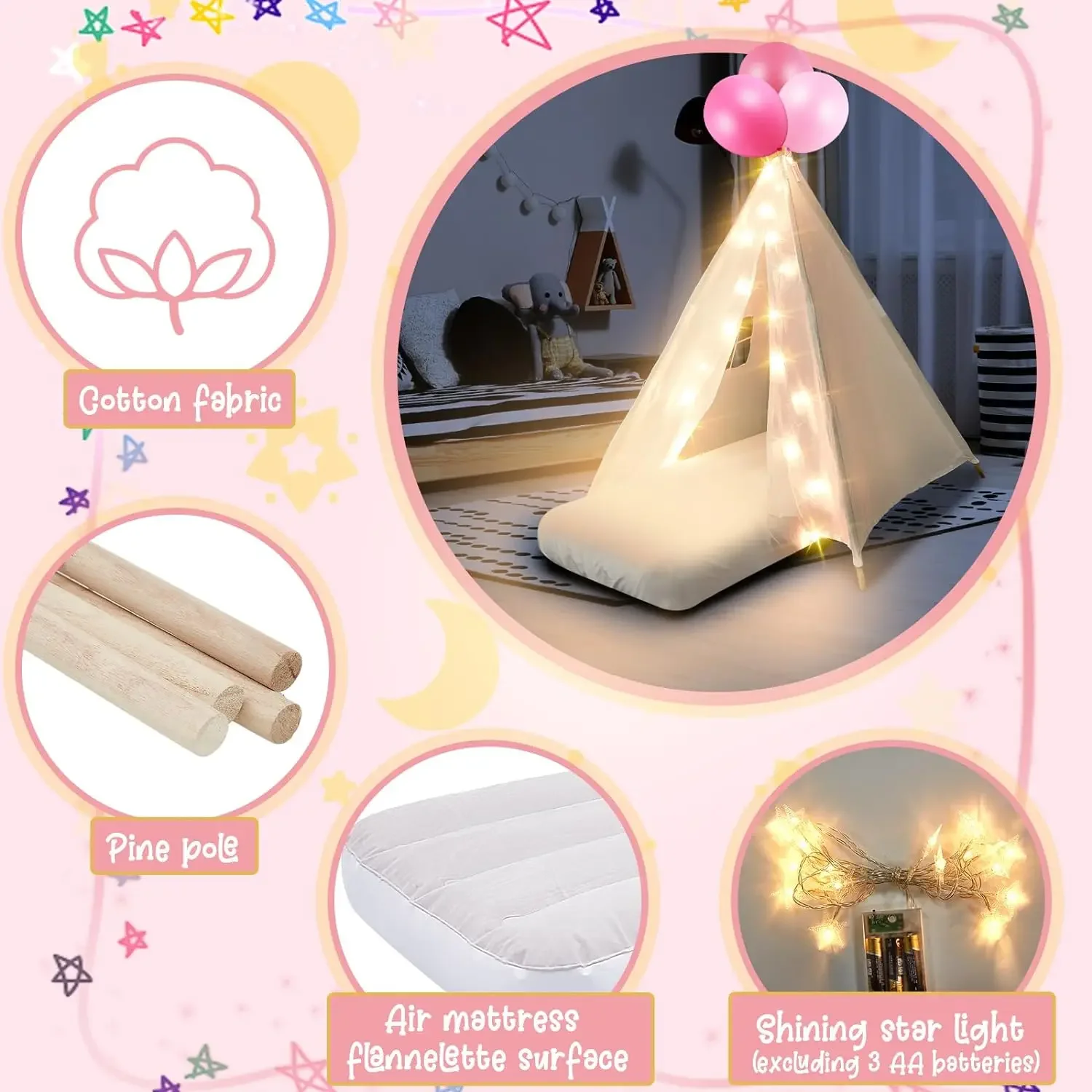 Tienda tipi para niños, paquete de 6 piezas con cama de aire inflable, cuerda ligera y sábana bajera, algodón Natural, envío rápido