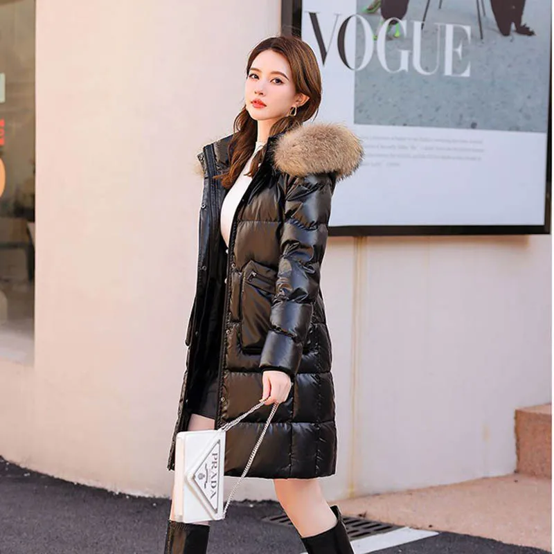 Fashion Down  Women\'s Long 2022 New Glossy Foreign Style Slim High-grade White Duck Down Winter Warm Washless Coat Women