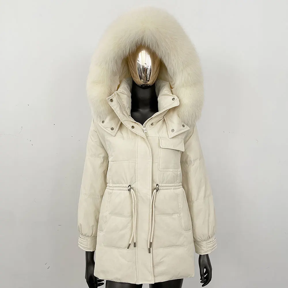 厚手の暖かいショート丈90%ホワイトダックダウンジャケットパーカーリアルファーコート女性用冬用天然ラクーンファーコートフード付きリアルファーコート