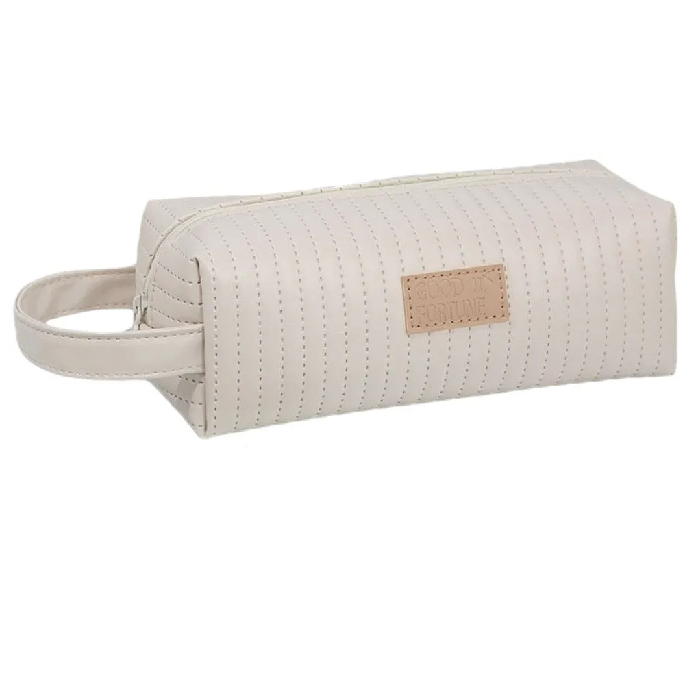 New PU Pen Bag Double Zipper Large Capacity Pencil Pouch Waterproof Quilted Pencil Case Stationery Supplies