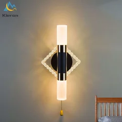 Modern Pull Rope Switch Crystal LED Wall Lamps Living Room Study Bedroom Bedside Wall Lamp Room Decor Circular Column Wall Light