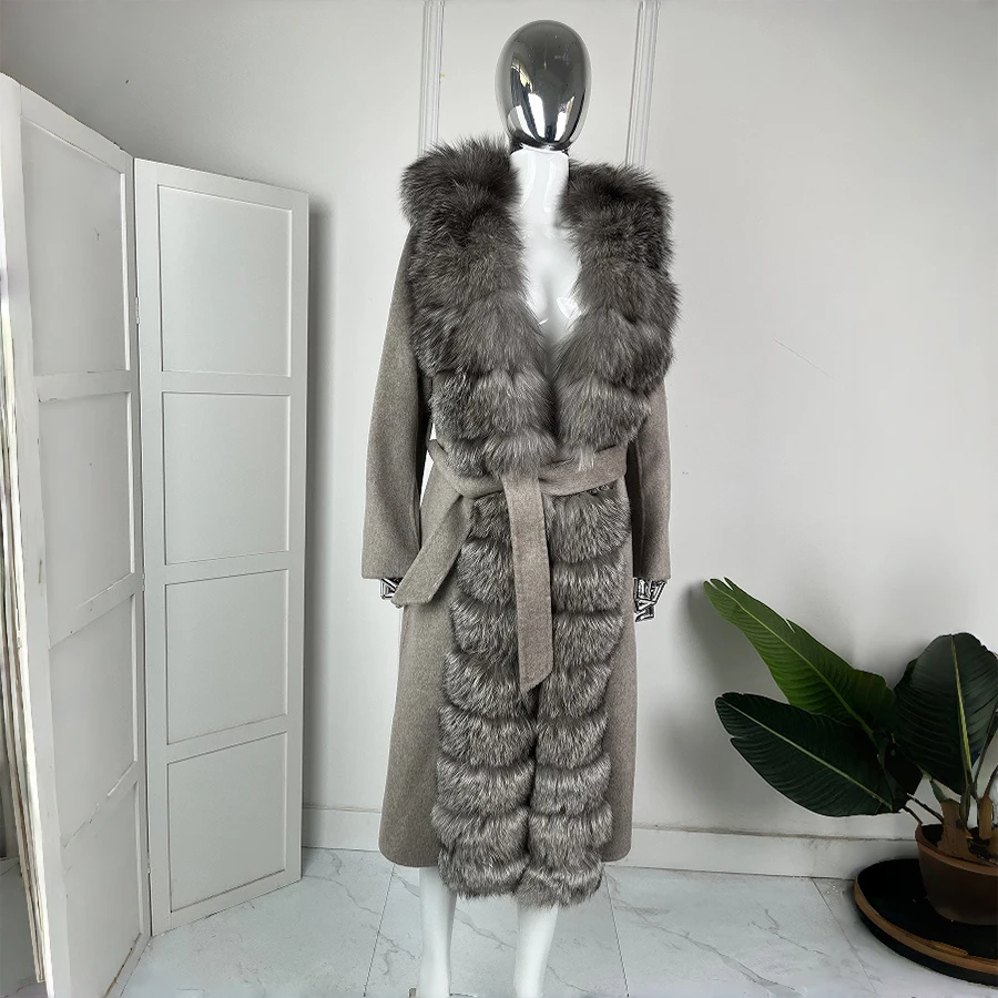 Wool Coats For Women Long Woolen Jackets With Real Sliver Fox Fur Trim Winter Warm Luxury Cashmere Coat Woman