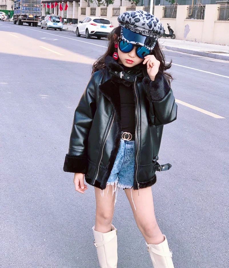 Girls Jacket Leather Motorcycle Kids Coats Fleece Children Jacket Winter Autumn