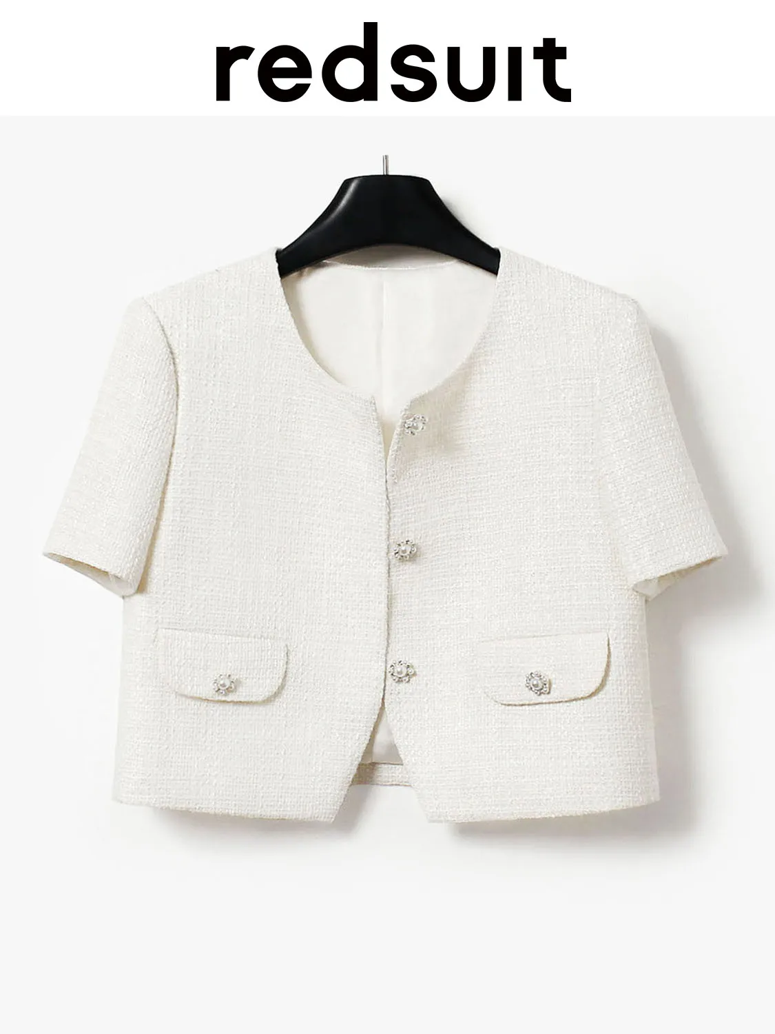 New Texture light thin tweed split hem pearl diamond buckle white short sleeved top Custom Size