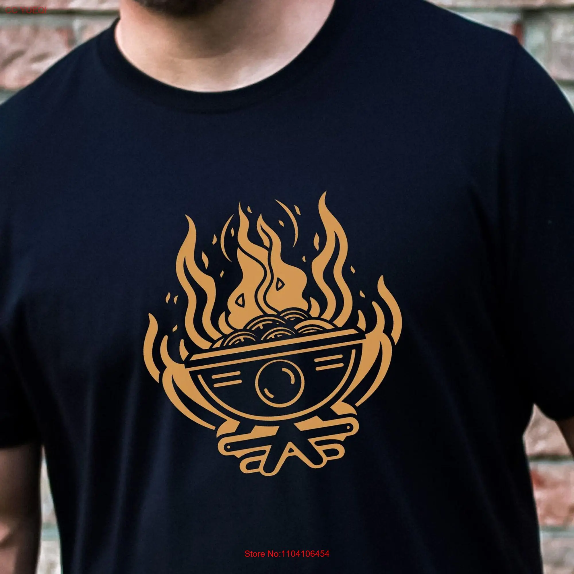 Fiery Noodle Bowl T Shirt Hot PoT Smoky Flaming Golden Cookfire Fire PiT Griddle Hibachi long or short sleeves