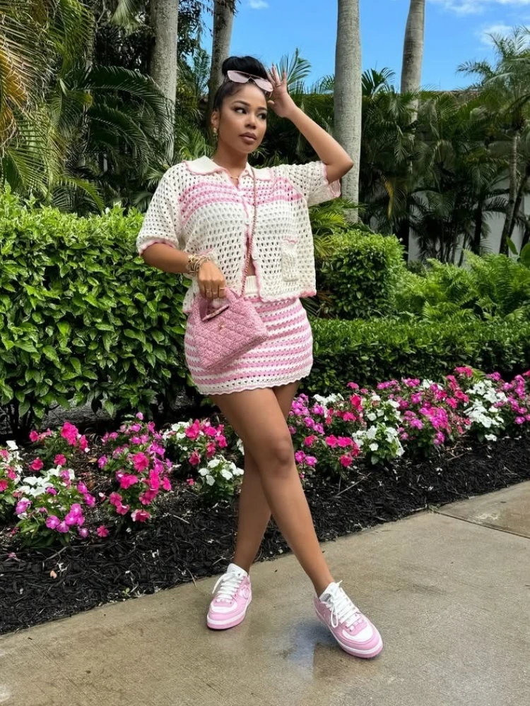 

Leosoxs Vintage Knit Ribbed Striped Women's Sets Short Sleeve Shirt Tops and Bodycon Midi Mini Skirt Suit Two 2 Piece Set Outfit