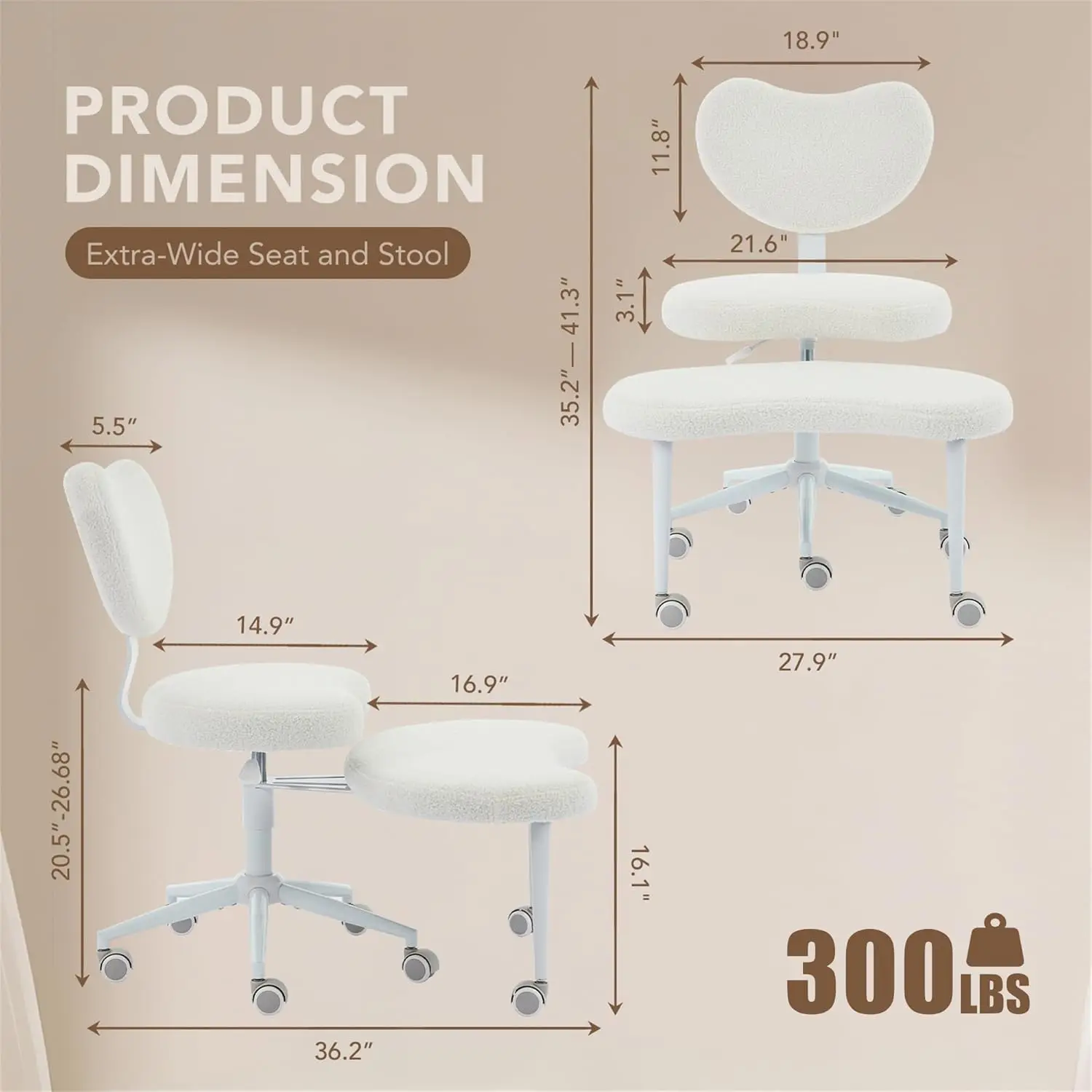 Ergonomic Cross Legged Chair with Wheels, 360° Swivel Meditation Chair, ADHD Chair, Criss Cross Desk Chair with Lumbar Support, Ivory view 2
