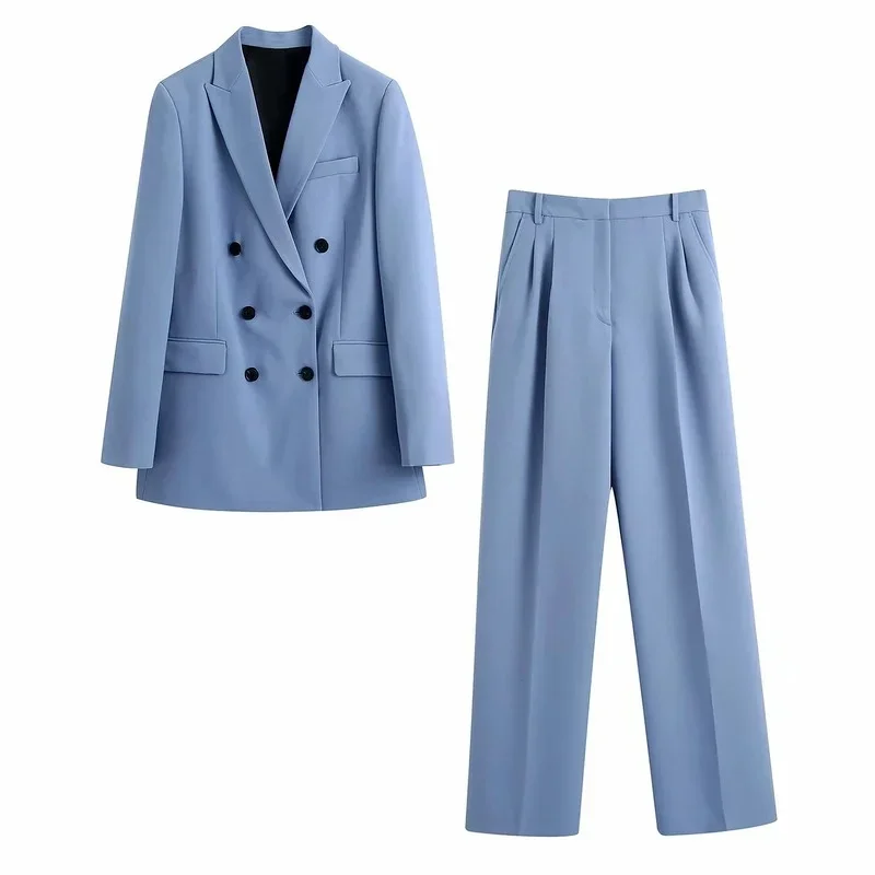 2024 Frühling neue zweiteilige Set Anzug blau Zweireiher Blazer lässig gerade Hose elegante Mode schicke Damen bekleidung