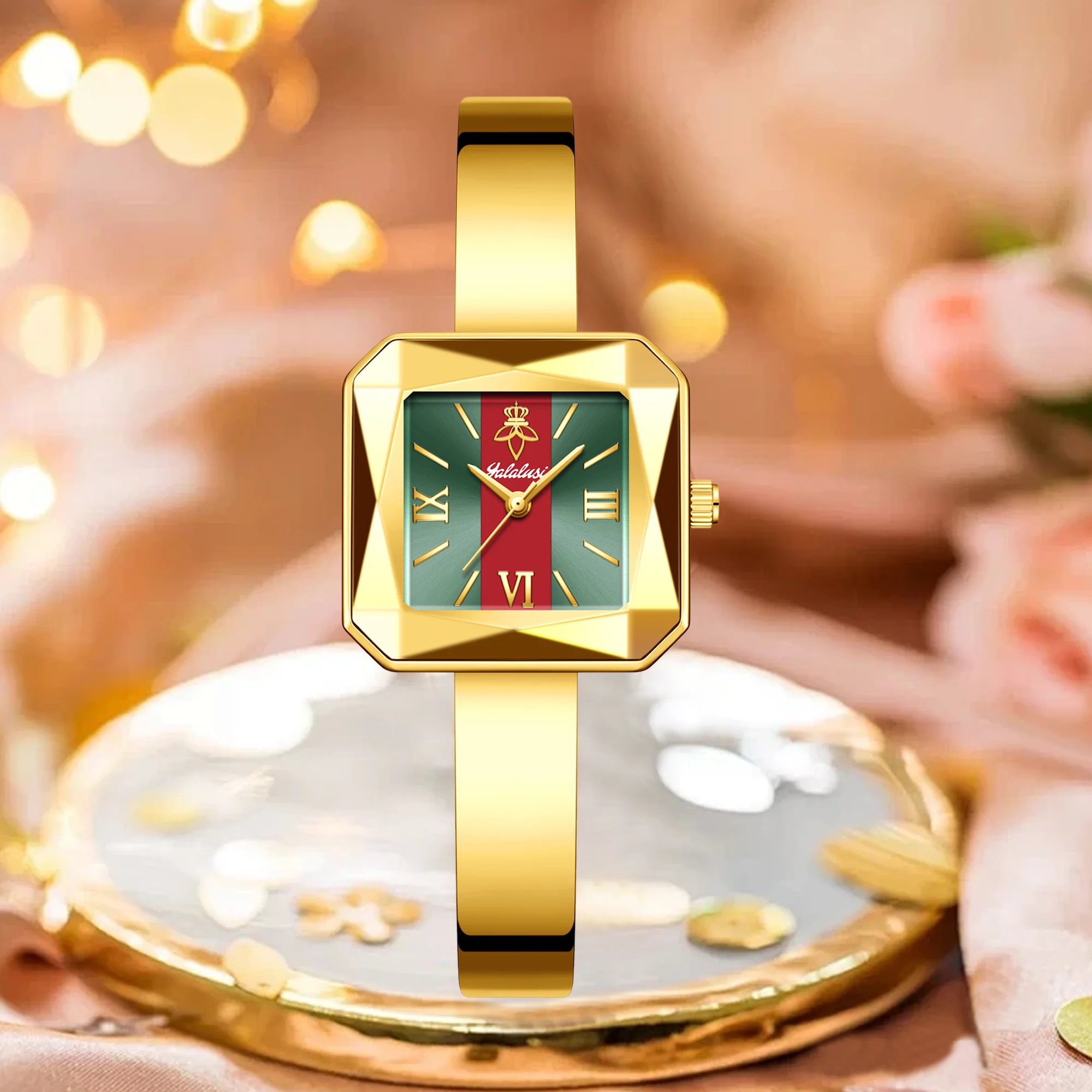 YaLaLuSi Fashion New Women's Quartz Watch Hot Selling Small Square Watch Design Rhombic Cut Glass Temperament Gold Women's Watch