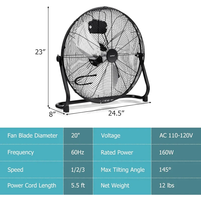 COSTWAY Bodenventilator, 20 Zoll Hochgeschwindigkeits-Bodenventilator mit 145 °   Einstellbare Neigung, 3-stufig verstellbar, robustes Metall-Industriegerät