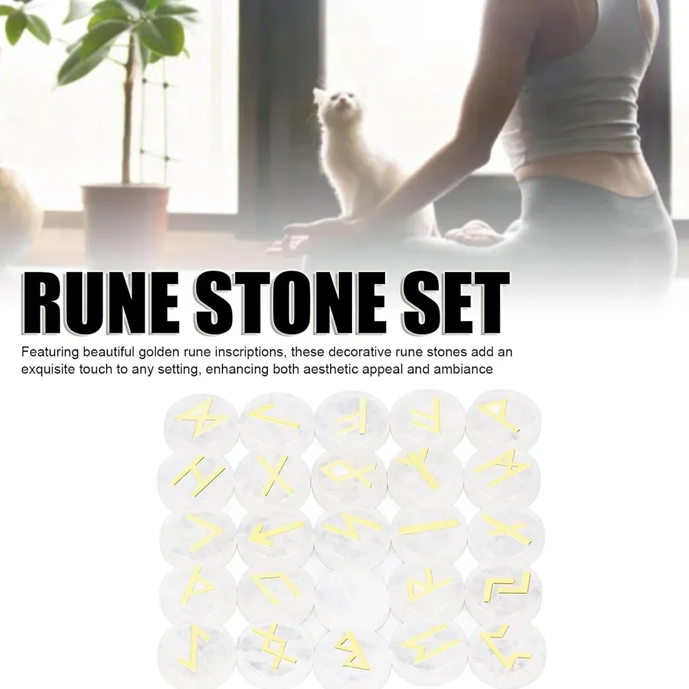 25Pcs Round Rune Stones Set Elegant Golden Rune Engravings Appearance Glossy Elder Futhark Alphabet Symbol Clear Quartz Sets